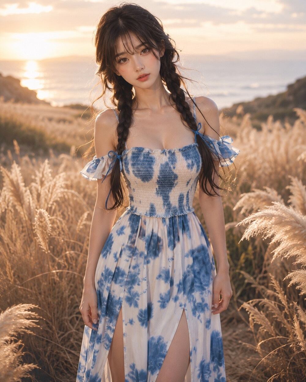 Seaside Dreams grecian cold shoulder smocked double slit flowy maxi dress